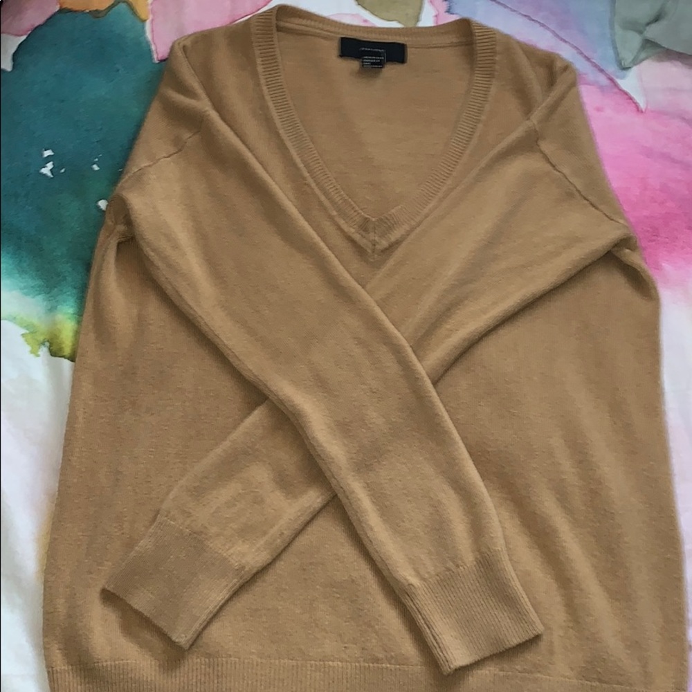 tan, v-neck sweater